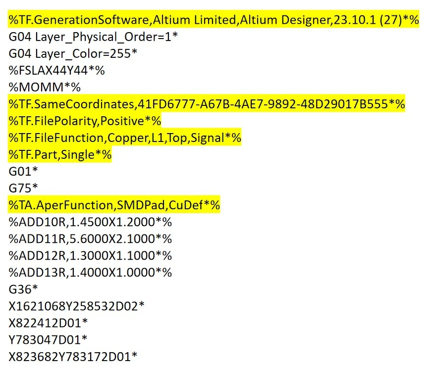 Figure 7. The header of an X2 Gerber file with attributes highlighted.